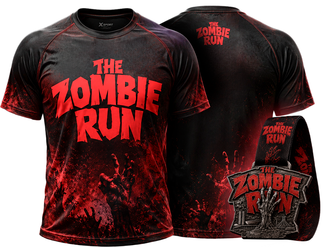 Kit oficial da The Zombie Run — camiseta, número de peito e medalha